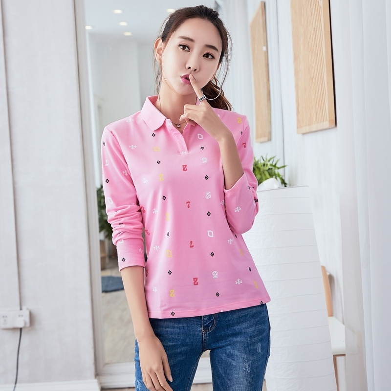 新款春夏女装翻领t恤女长袖带领上衣修身显瘦休闲运动打底衫