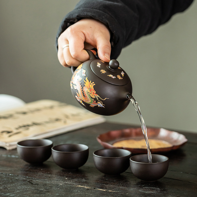 华普思茶具凤鸣遇热变色紫砂壶手工龙凤呈祥大号茶壶泡茶壶 变色凤鸣西施壶一壶两杯+礼盒高清大图