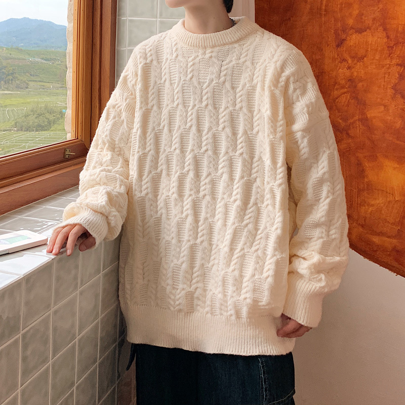 日系麻花宽松毛衣外穿男女情侣韩版设计慵懒风港风圆领针织外套男wsng
