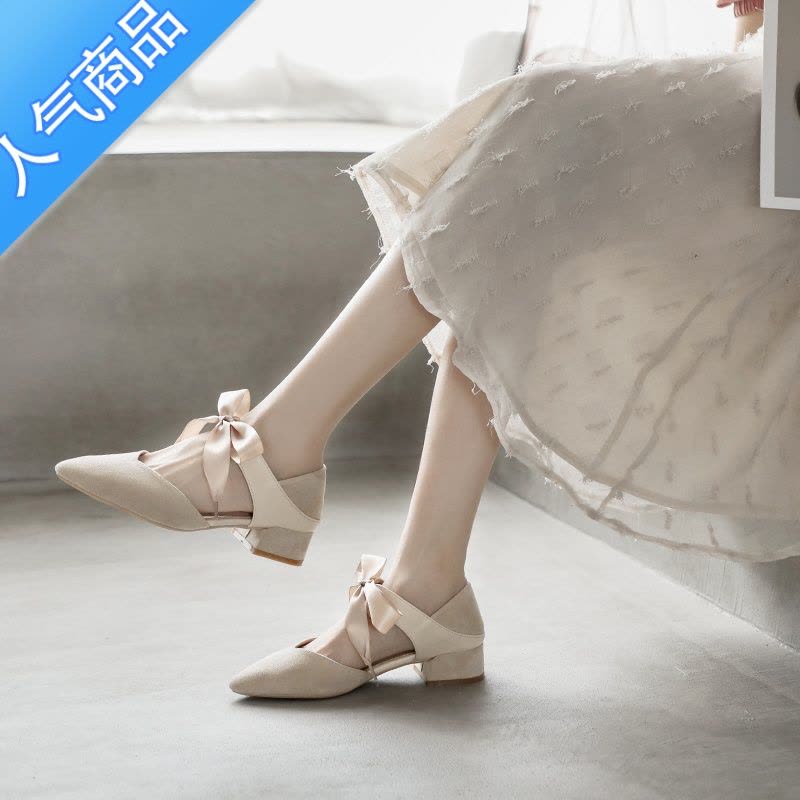 SUNTEK法式玛丽珍包头凉鞋女夏仙女风2023蝴蝶结粗跟中跟尖头斩男高跟鞋图片