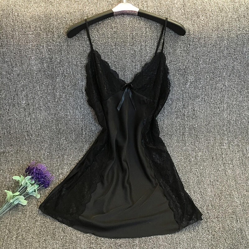 夏季带睡裙女款仿真丝质性感黑色蕾丝睡衣薄款短裙