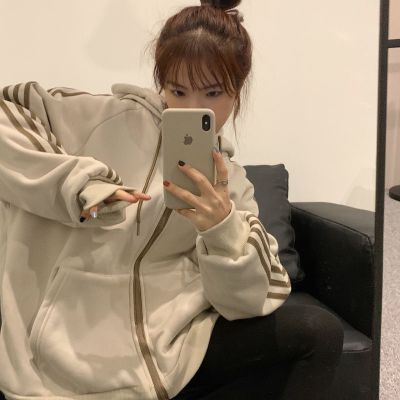 秋冬韩版2020新款加绒加厚连帽宽松中长款运动休闲长袖卫衣外套女