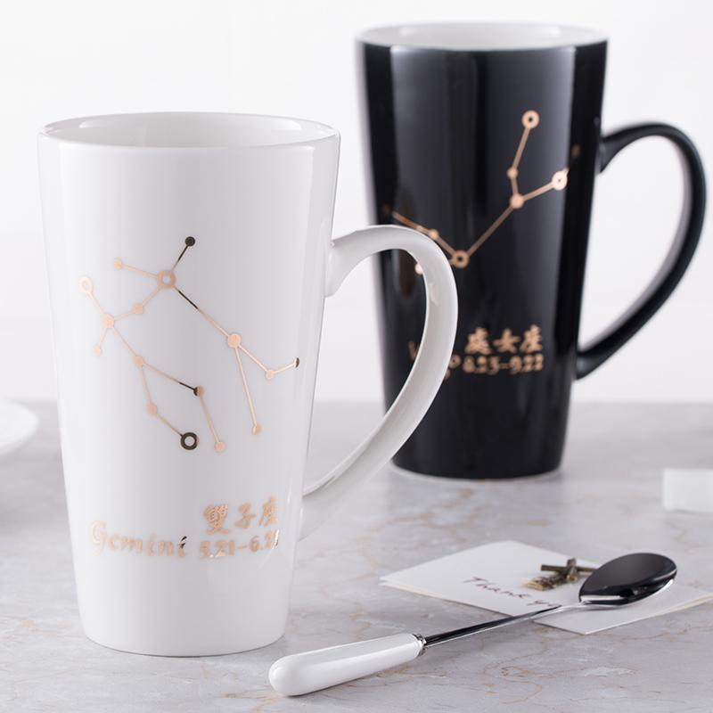 创意十二星座陶瓷马克杯家用时尚大容量咖啡杯带盖勺喝水情侣杯