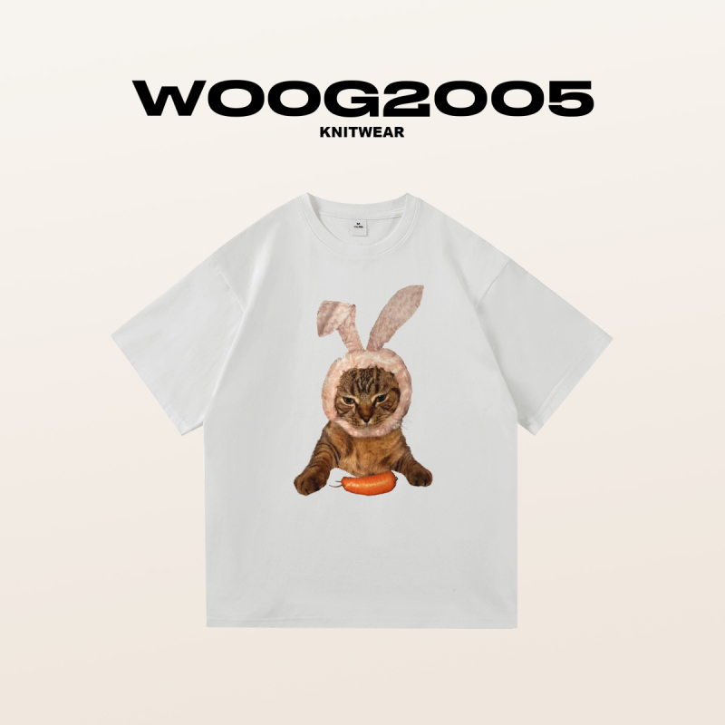 WOOG2005猫咪兔子趣味印花2022男士印花T恤ins潮男女同款圆领短袖