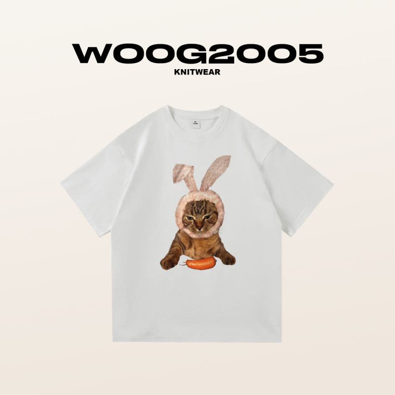 WOOG2005猫咪兔子趣味印花2022男士印花T恤ins潮男女同款圆领短袖图片