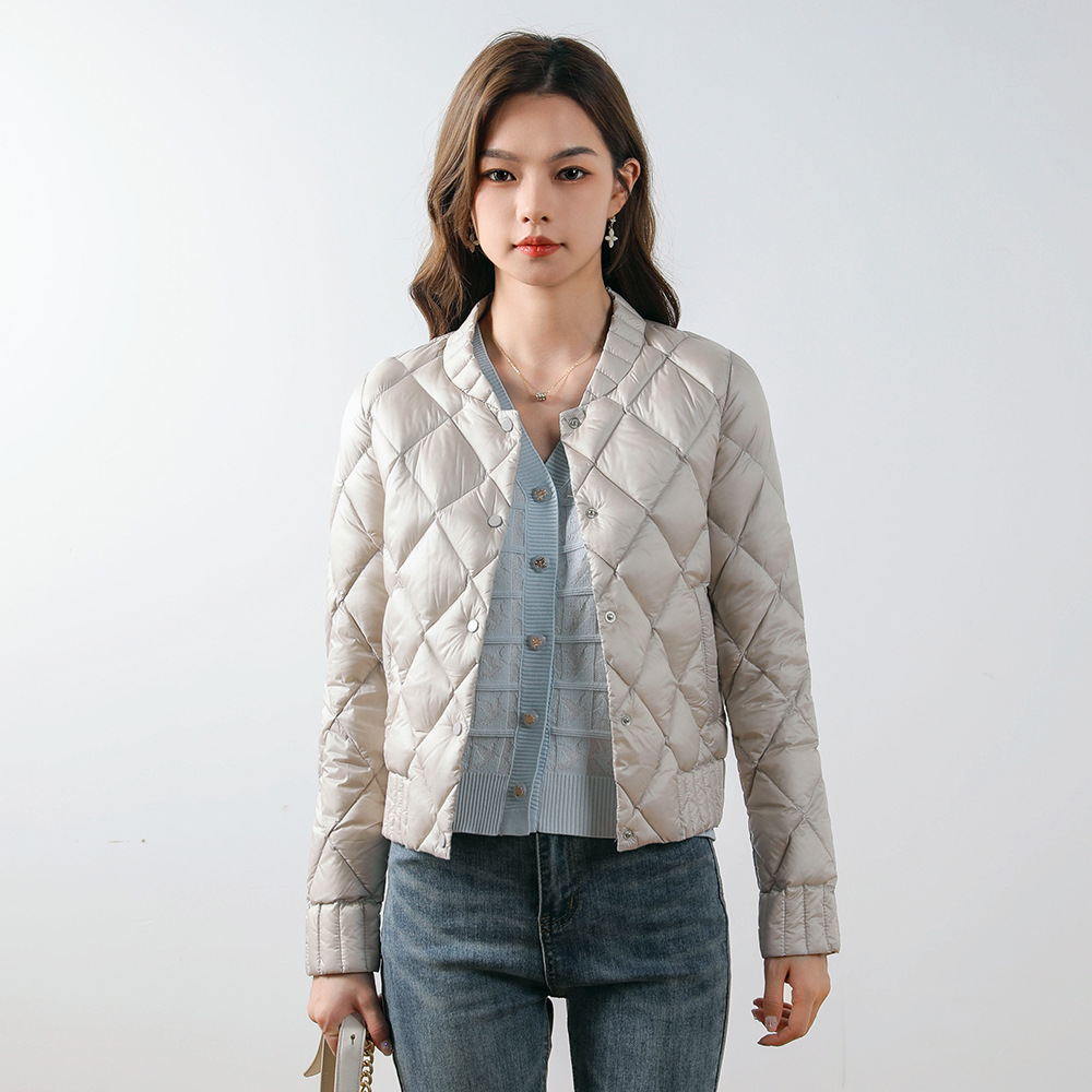 90绒简约内搭款女式羽绒菱形格圆领新款女装轻薄款羽绒服高清大图