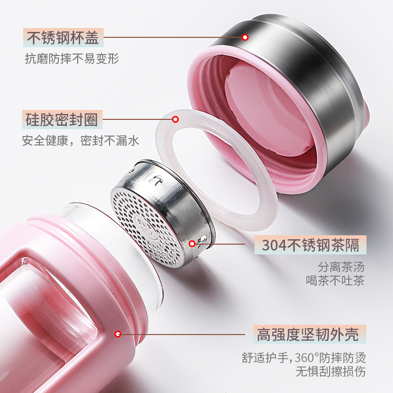 爱仕达 ASD 沁润Ⅱ塑玻杯玻璃杯 男女清新茶杯隔热水具水杯带茶隔 便携创意泡茶玻璃水杯