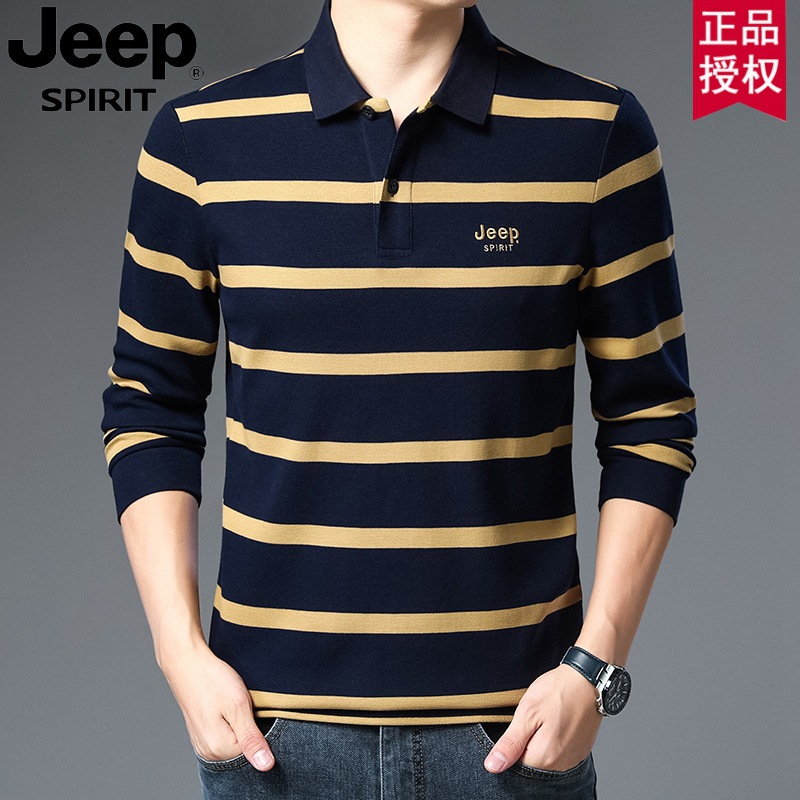 JEEP吉普男士秋季长袖翻领T恤POLO衫横条纹棉商务休闲上衣 3XL 兰色