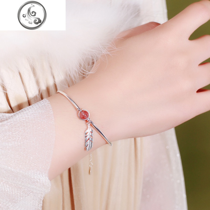 韩版小清新桃花色莓圆珠水晶手镯女羽毛吊坠手串S925纯银手链女 JiMi
