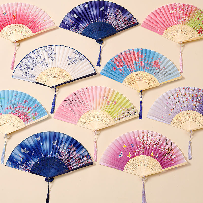 扇子古风折扇中国风汉服女旗袍舞蹈跳舞儿童学生夏日随身折叠竹扇-花蝶双舞（黑炳）