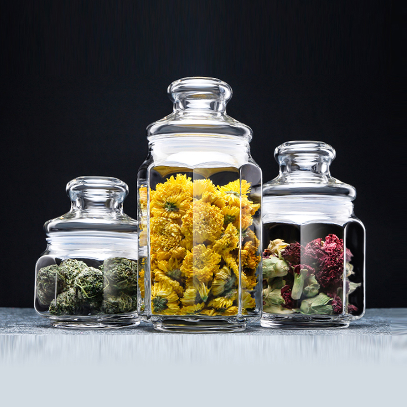 Ocean进口透明玻璃八角罐密封罐防潮玻璃零食干果瓶茶叶奶粉罐子大小5件套高清大图