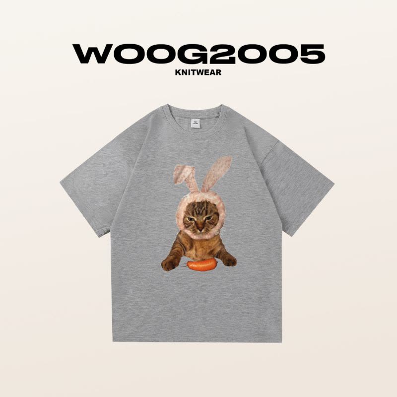 WOOG2005猫咪兔子趣味印花2022男士印花T恤ins潮男女同款圆领短袖图片