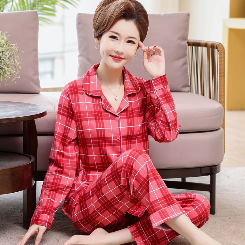 睡衣女春秋季棉长袖开衫翻领中老年人妈妈款中年全棉家居服套装
