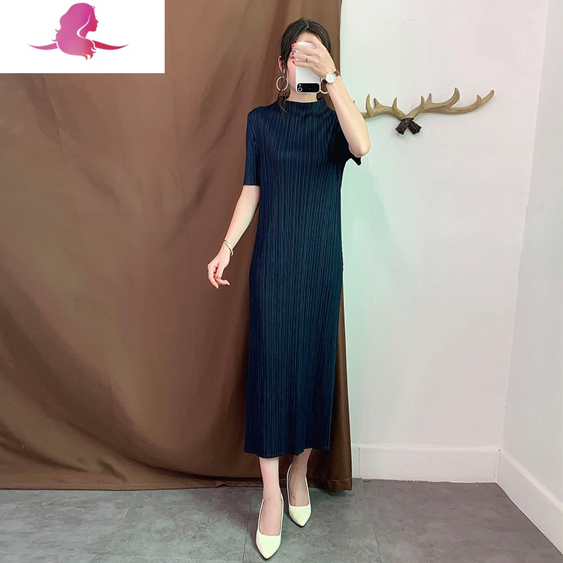 艳如飞三宅一生褶皱连衣裙2020春夏季中长款大码女装显瘦气质百搭打底裙大码女装