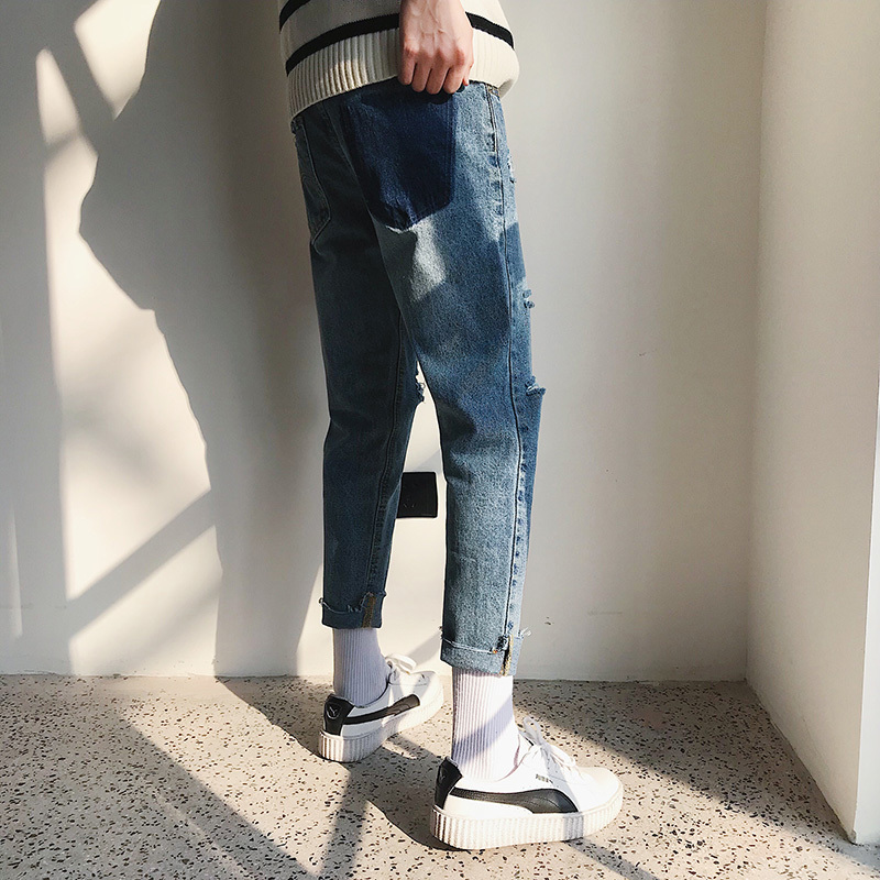 夏季年轻男九分裤膝盖破洞牛仔裤港风原宿休闲日系运动潮男裤9分
