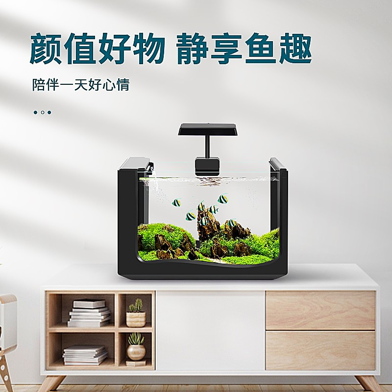 新款鱼缸客厅桌面小型玻璃生态金鱼缸造景家用自循环侧滤水族箱高清大图
