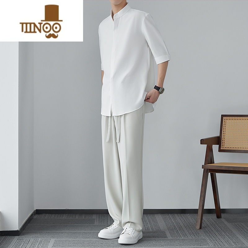 YANXU古着新中式男士短袖衬衫夏季立领衬衣感冰丝垂感感立夏夏高清大图