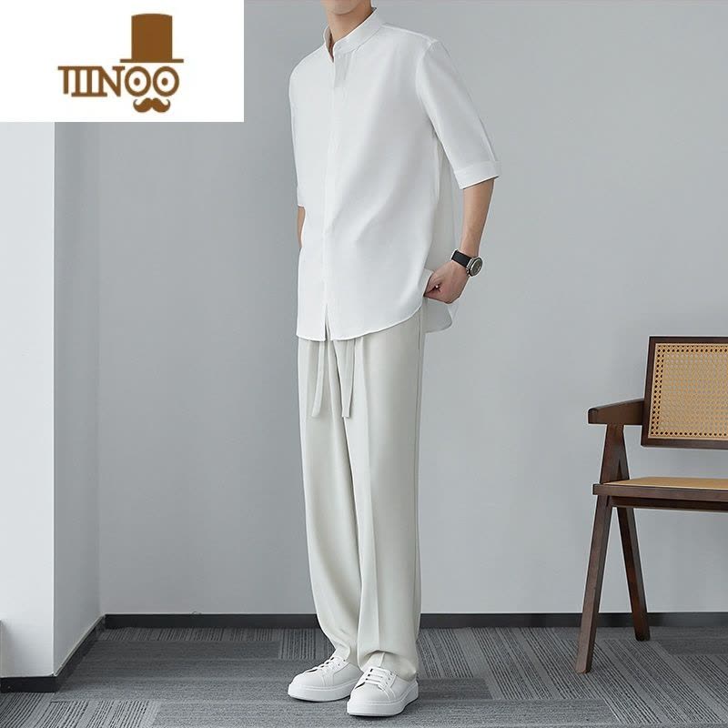 YANXU古着新中式男士短袖衬衫夏季立领衬衣感冰丝垂感中袖衬衫图片