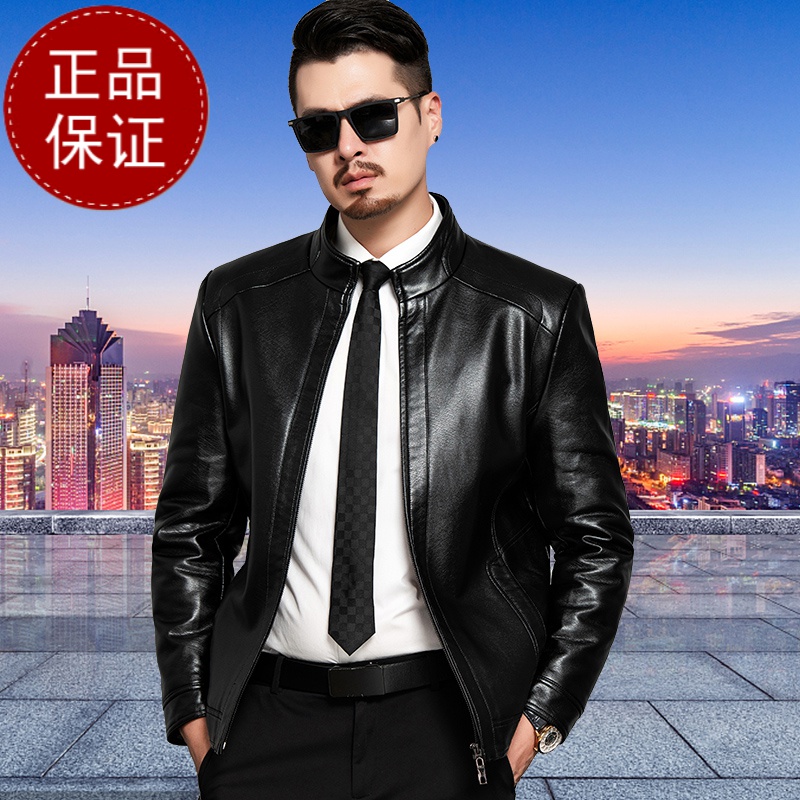 免费试穿 海宁绵羊皮软皮衣男真皮短款立领真羊皮中年机车皮夹克修身外套潮海宁真皮绵羊皮高清大图