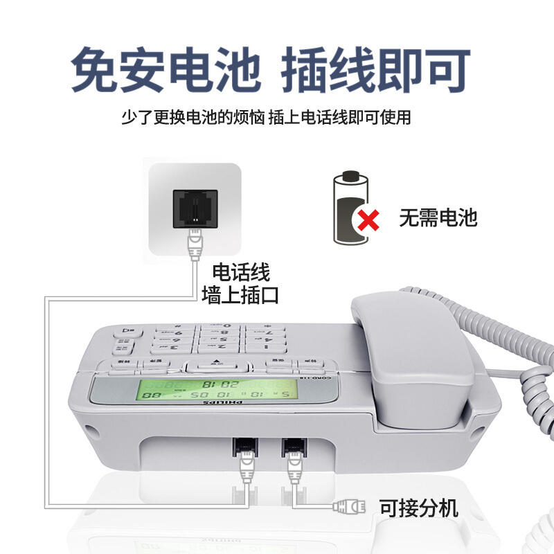 飞利浦(PHILIPS)电话机座机 固定电话 办公家用 免电池设计 来电显示 CORD118 (灰色)