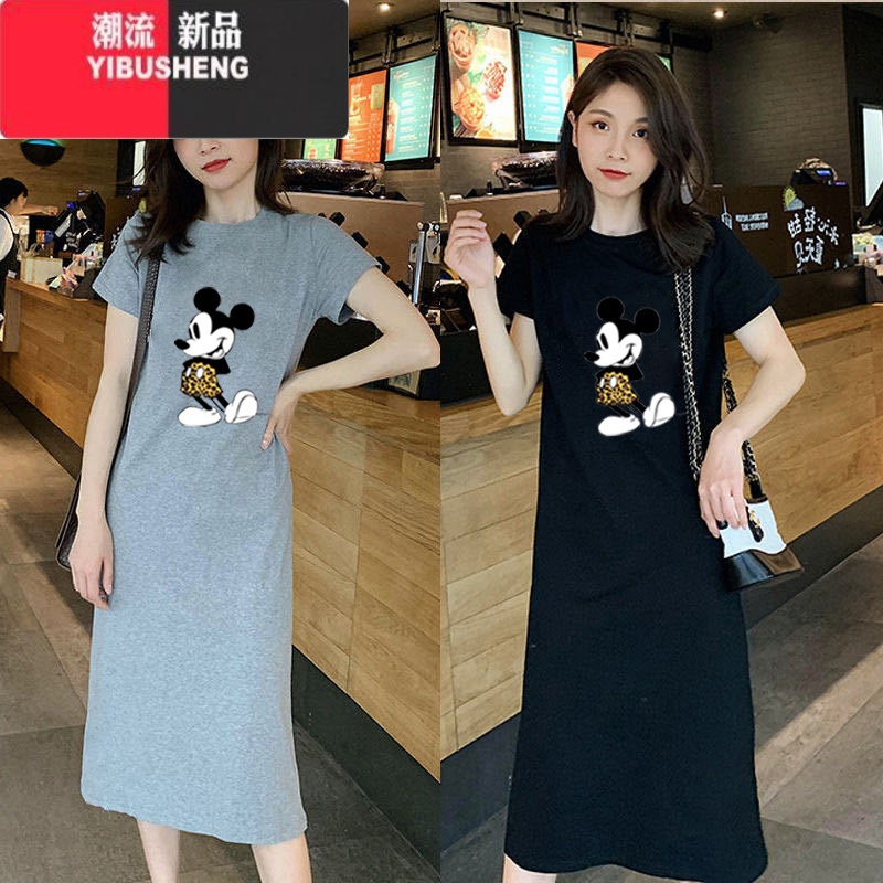 YIBUSHENG休闲黑色连衣裙女2024季新款韩版宽松显瘦减龄中长款短袖t恤裙高清大图