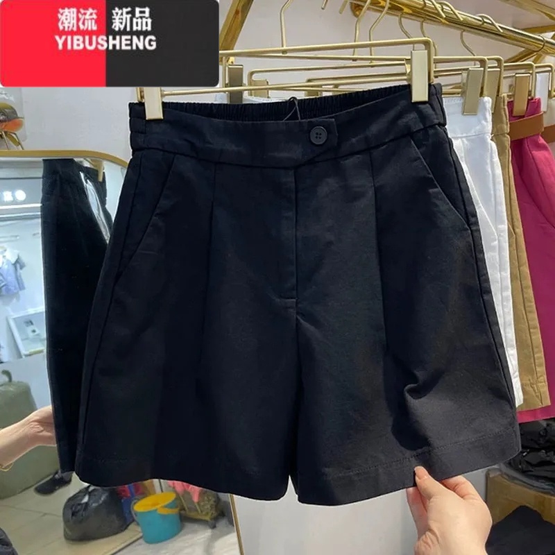 YIBUSHENG季薄款休闲短裤女胖妹妹显瘦梨型身材宽松阔腿五分裤棉麻 黑色 XL建议115-130斤