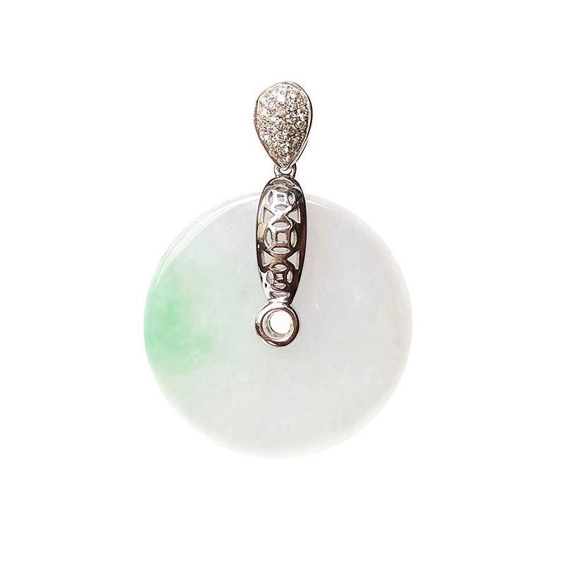 缘源珠宝天然a货翡翠吊坠翡翠平安扣玉坠18k金群镶钻石工艺春彩色翡翠