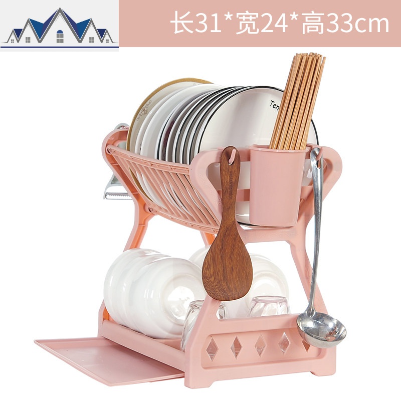 加厚塑料双层碗碟架厨房用品碗架盘子沥水架收纳整理架_4_444 粉色