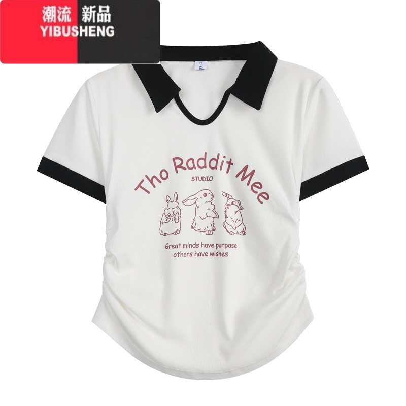 YIBUSHENGPOLO领T恤女季2024新款黑色印花打底衫修身百搭简约短袖上衣ins