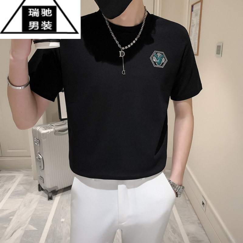 希杰狮王ins潮牌短袖男绿色T恤潮男搭配半袖潮流帅气2022新款夏季半截袖薄