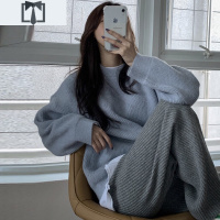 SUNTEK韩国chic秋冬温柔圆领套头宽松纯色保暖长袖百搭厚实针织毛衣女毛衣