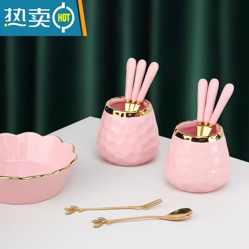 敬平水果叉子家用套装不锈钢甜品蛋糕勺儿童安全小叉子轻奢果签收纳罐 [绿金]瓷柄水果叉4支图片