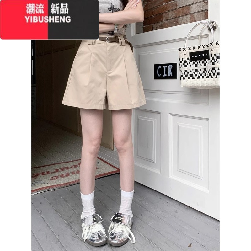 YIBUSHENG复古卡其色褶皱直筒裤女2024季高腰宽松休闲裤阔腿短裤