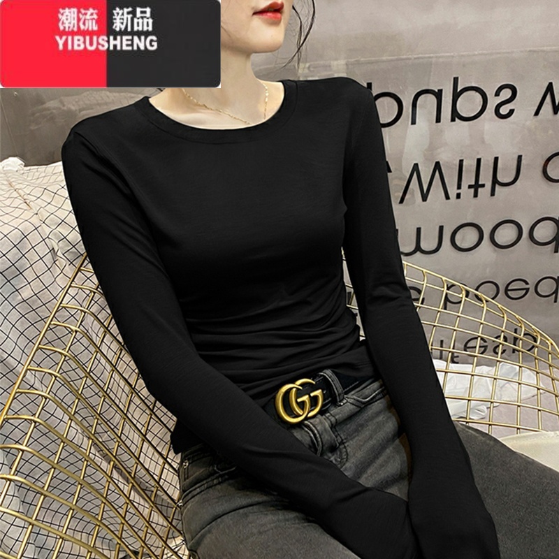YIBUSHENG莫代尔低领打底衫女春内搭圆领长袖T恤薄款修身上衣2024新款高清大图