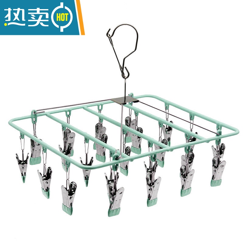 敬平防风不锈钢晾衣架家用多功能晒袜多夹子挂钩晾衣夹挂衣袜架器 圆形-24夹-粉色 1个高清大图