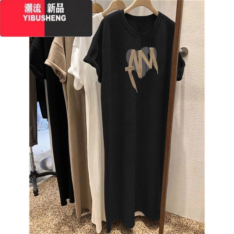 YIBUSHENG短袖遮肚子t恤裙女士季韩版宽松大码休闲中长款过膝连衣裙