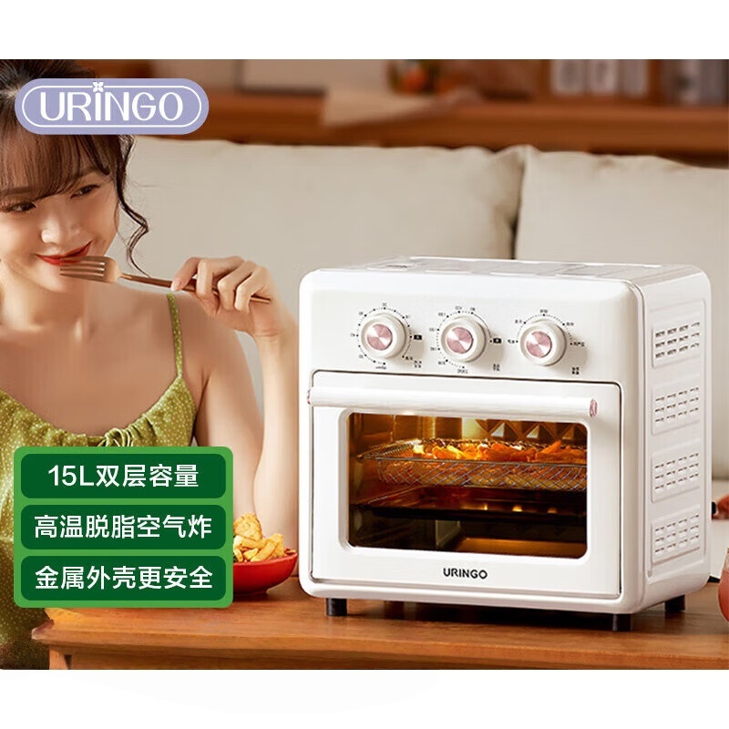 七彩叮当电烤箱家用小型烘焙多功能大容量发酵空气炸锅烤箱一体机 米白色 15L 机械款KK01-L