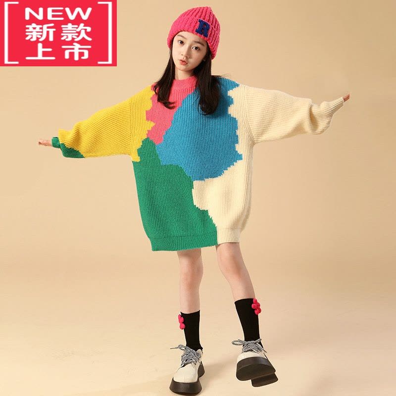 可莉允女童红色连衣裙秋冬款洋气儿童中大童女孩针织衫圣诞新年毛衣裙子图片