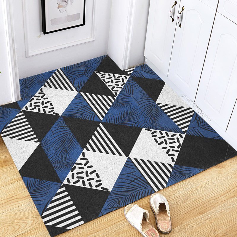家柏饰(CORATED)美式进丝圈垫玄关进户地垫家用外可裁剪脚垫入户口地毯 深蓝黑条三角可裁丝圈地垫 120*120cm