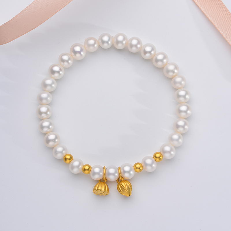 梵心阁18k金天然淡水珍珠手链足金莲蓬金珠女近圆强光气质手串送女友