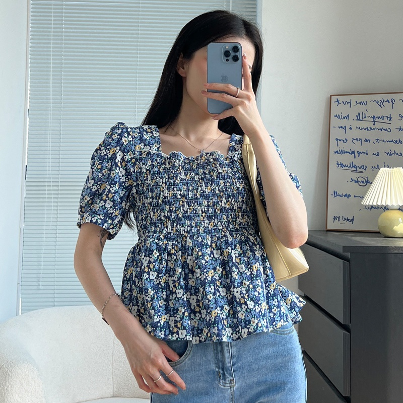 [1.5折价48元]唐狮 |夏季衬衣女式上衣方领小碎花收腰短袖T恤森系可爱风