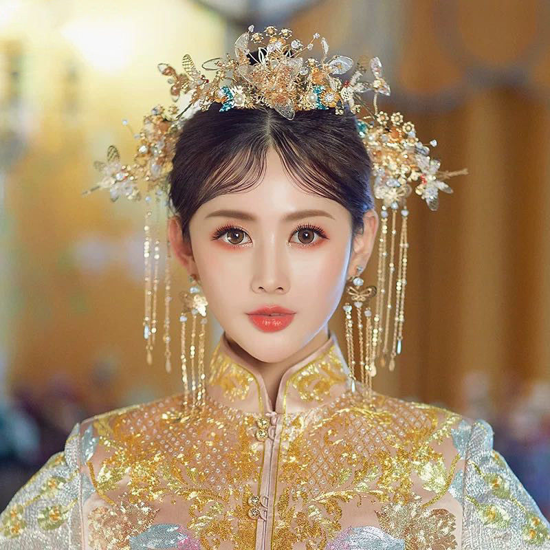 美芙仁秀禾服头饰新娘 中式古装结婚套装 金色蝴蝶凤冠2020新款秀禾