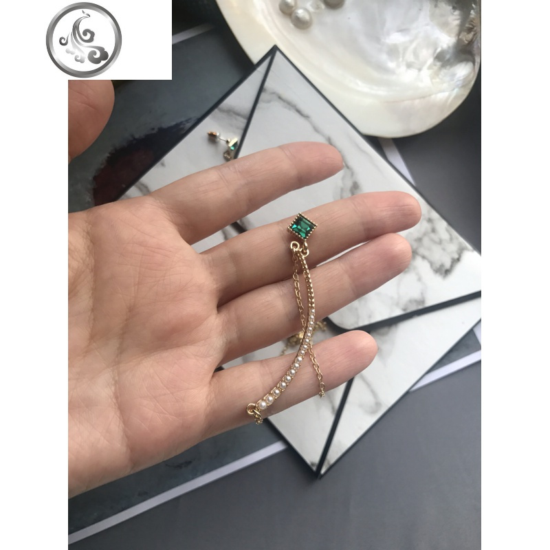 浅夏~祖母绿宝石ins珍珠锆石套装短款项链戒指925银针耳钉耳夹女 JiMi