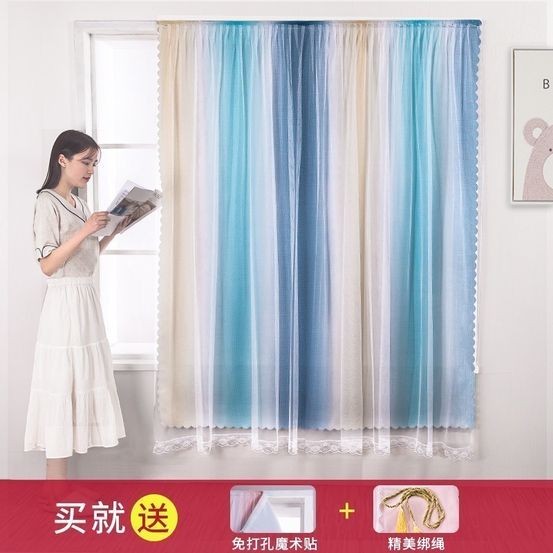 美帮汇免打孔安装小窗帘魔术贴自粘简易全遮光布短帘遮阳出租房2021新款 渐变蓝-带纱全遮-魔术贴 宽1.5X高1.5