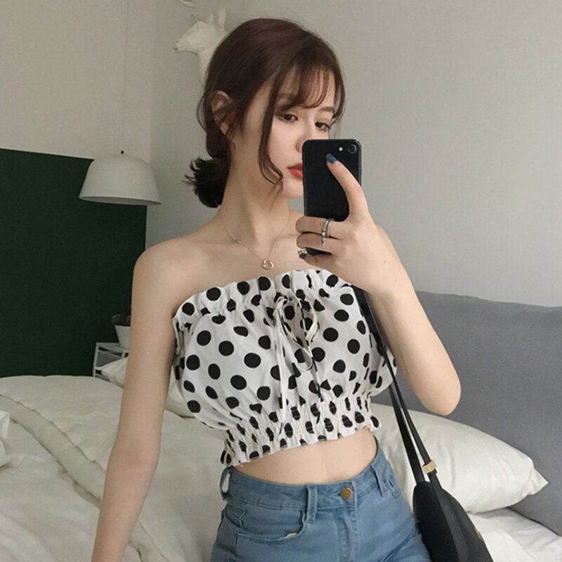 2018夏季新款韩版性感修身显瘦波点挂脖抹胸背心女短款上衣打底衫