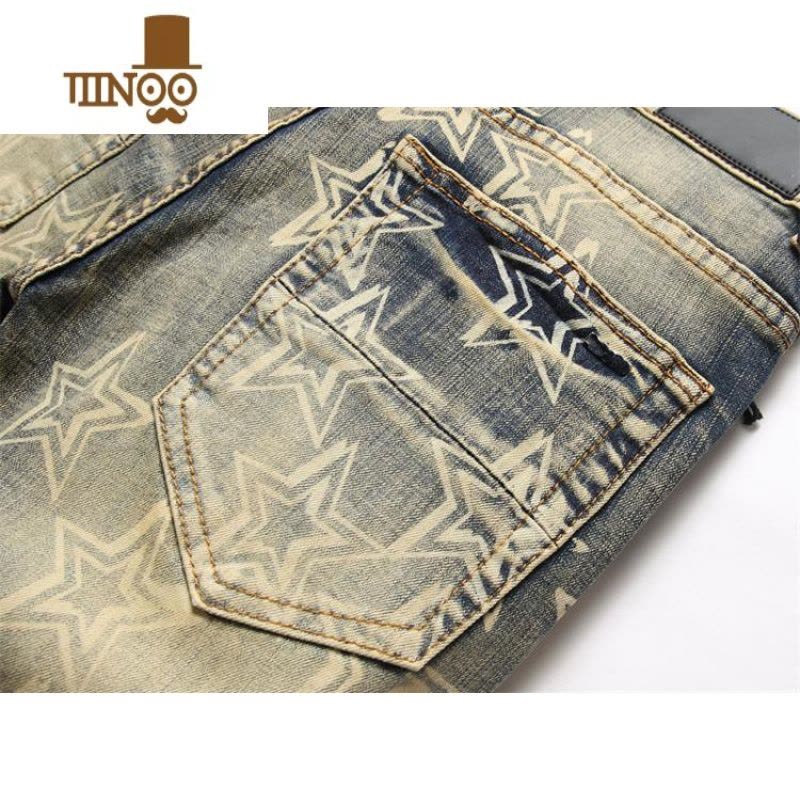 YANXU新款复古印花牛仔裤男弹力修身直筒欧美个性怀旧破洞休闲长裤图片