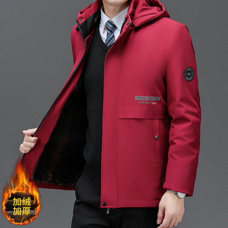 中老年男士加绒加棉棉服冬季加厚棉袄连帽爸爸本命年红色冬装棉衣 红色 185码