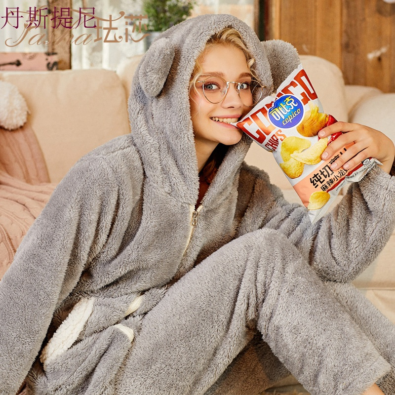 秋冬季睡衣女法兰绒长袖甜美可爱可外穿珊瑚绒家居服两件套装