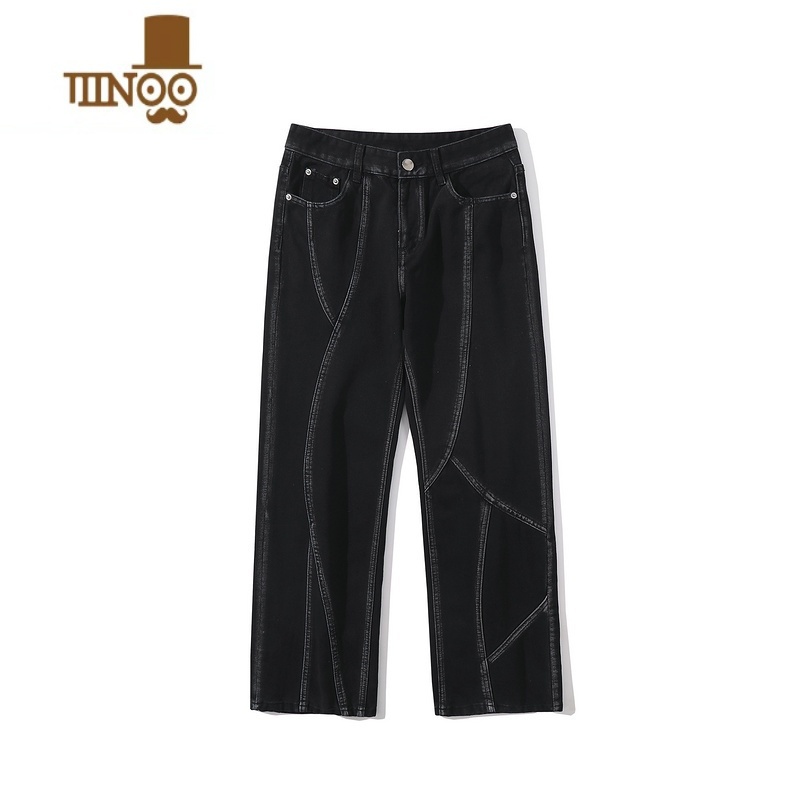 YANXU非潮勿近高街美式复古水洗拼接牛仔裤男直筒宽松设计垂感式近感设高清大图