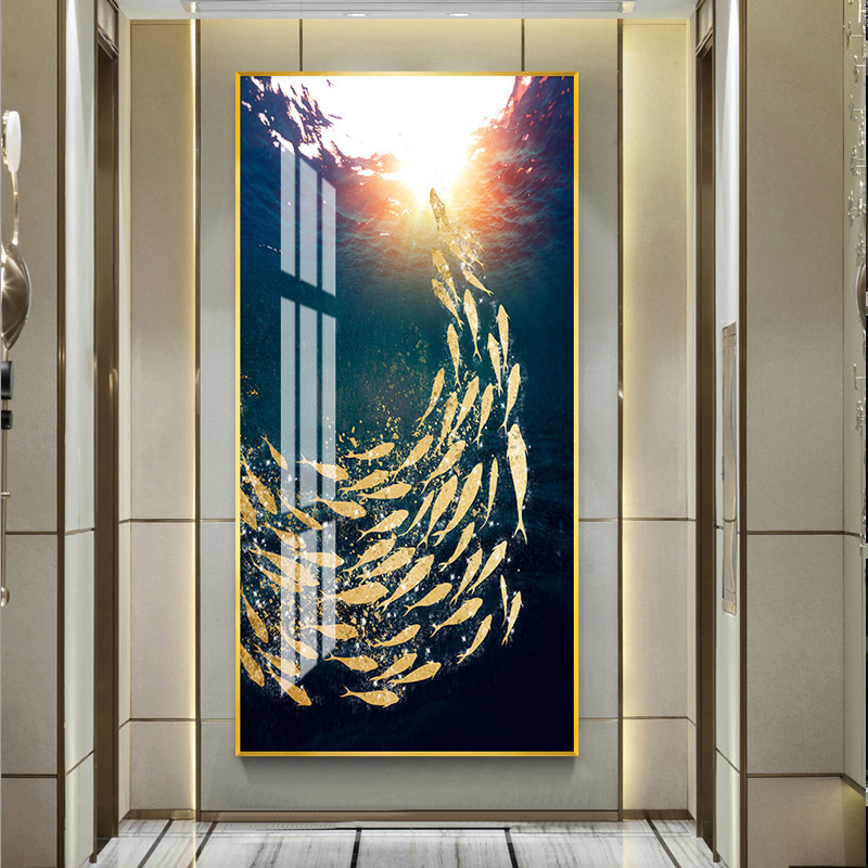 年年有鱼九鱼图玄关装饰画走廊过道挂画 祥吉金鱼(银色边框) 75*150cm晶瓷画(晶瓷工艺+金属框)统一发金色边框(需高清大图